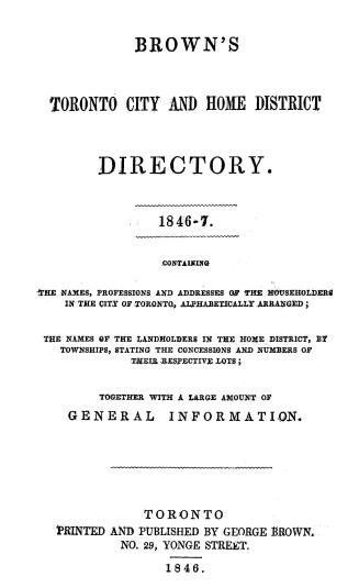 Brown's Toronto city and Home District directory 1846-7