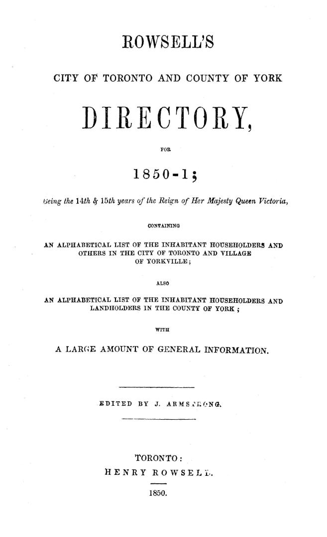 Rowsell's city of Toronto and county of York directory for 1850-1