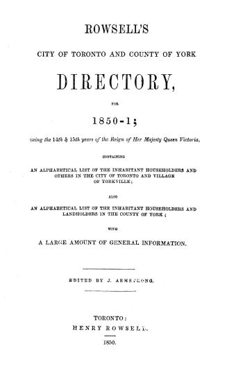 Rowsell's city of Toronto and county of York directory for 1850-1