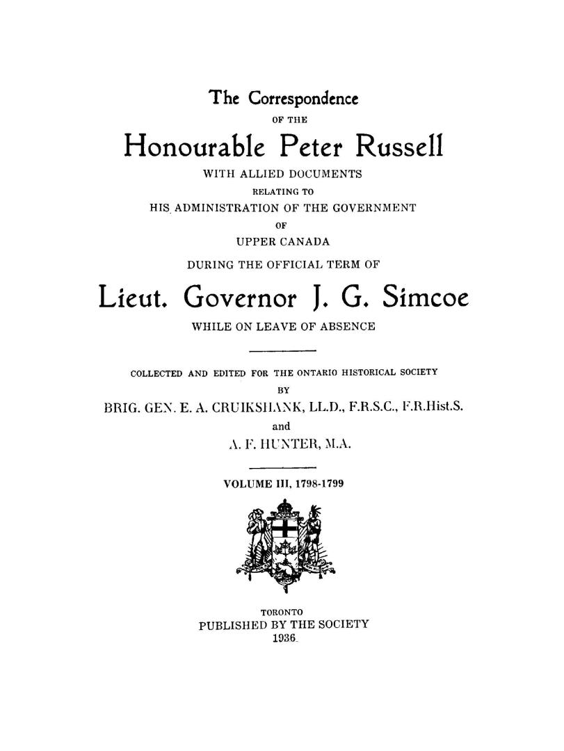 The correspondence of the Honourable Peter Russell [