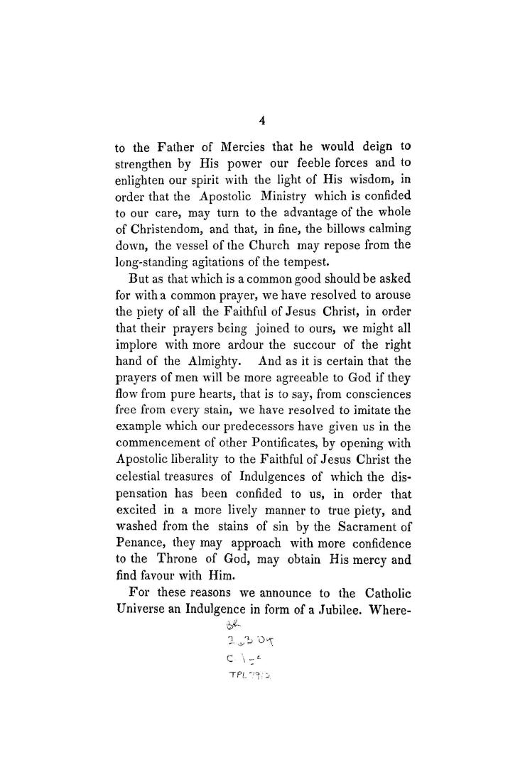 Apostolical letter of our Holy Father Pope Pius IX proclaiming a universal jubilee to implore the Divine assistance