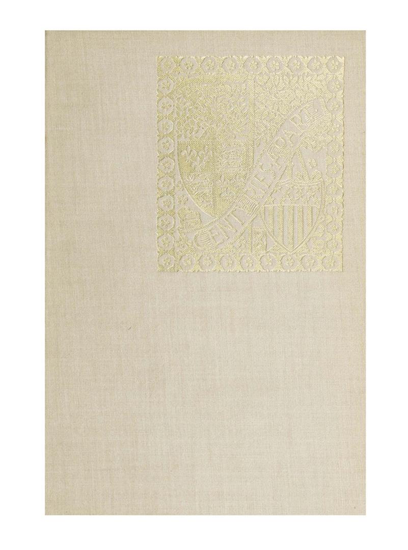 Gold heraldic imagery on a white book cover. Illustration shows decorated shields and a floral  ...