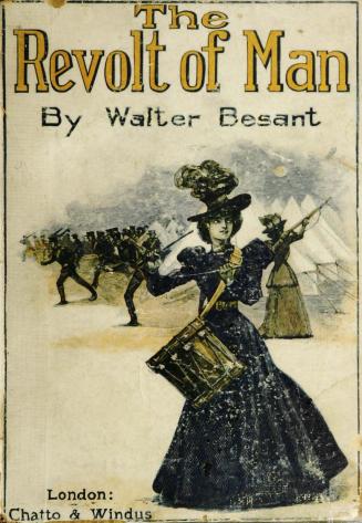 Book cover depicting a woman in a Victorian dress and large hat beating a drum. Behind her is a ...