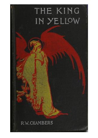 A hooded and veiled figure in a yellow robe with large red wings behind their back and a red ha ...