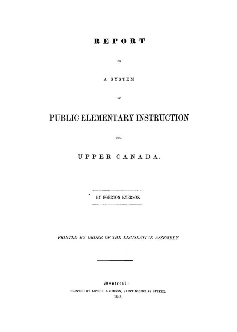 Report on a system of public elementary education for Upper Canada