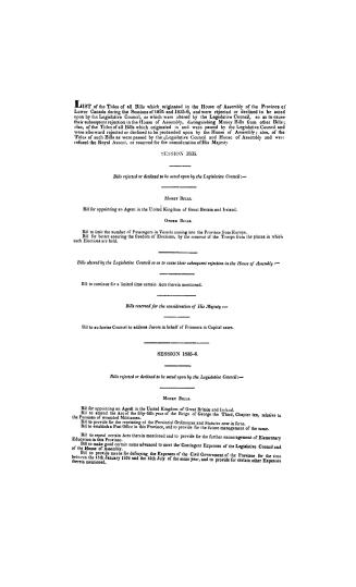 List of the titles of all bills which originated in the House of Assembly of the province of Lower Canada during the sessions of 1835 and 1835-6, and (...)