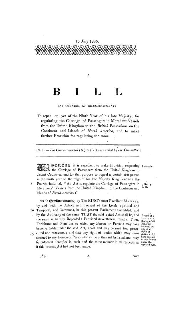 A bill <as amended on recommitment> to repeal an act of the ninth year of His late Majesty for regulating the carriage of passengers in merchant vesse(...)