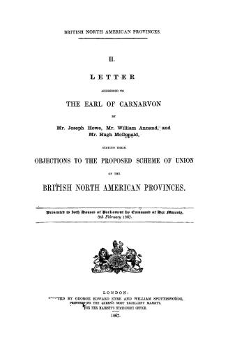 British North American provinces, II, Letter addressed to the Earl of Carnarvon