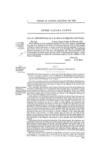 Upper Canada. Return to an address of the Honourable the House of Commons, dated 20 August 1836, for, Copy of all orders in Council and instructions s(...)
