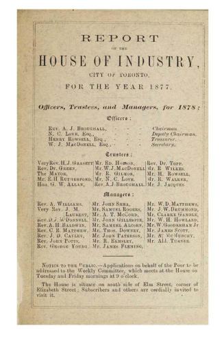 Report of the House of Industry, city of Toronto for the year 1877.