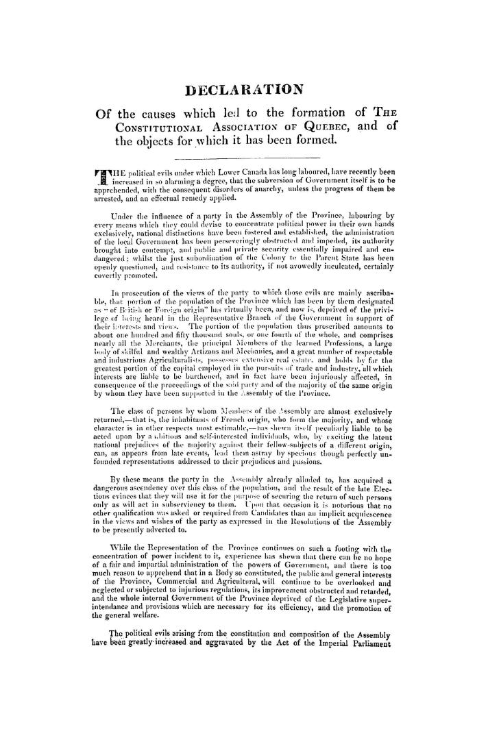 Declaration of the causes which led to the formation of the Constitutional association of Quebec, and of the objects for which it has been formed