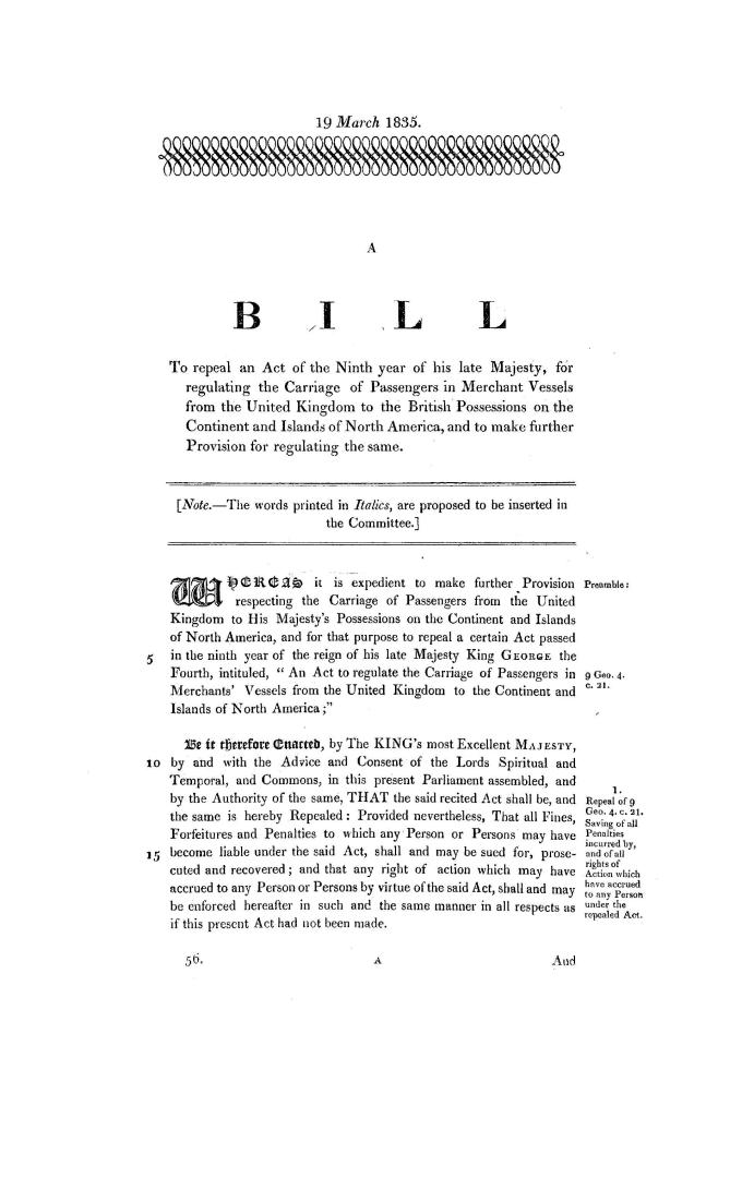 A bill to repeal an act of the ninth year of His late Majesty for regulating the carriage of passengers in merchant vessels from the United Kingdom to(...)