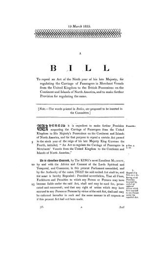 A bill to repeal an act of the ninth year of His late Majesty for regulating the carriage of passengers in merchant vessels from the United Kingdom to(...)
