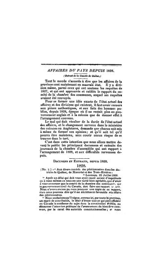 Affaires du pays depuis 1828, (extrait de la gazette de Québec)