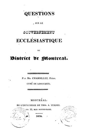 Questions sur le gouvernement ecclésiastique du district de Montréal