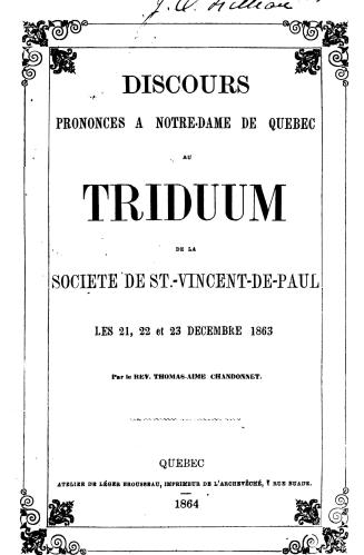 Discours prononcés à Notre-Dame de Québec au Triduum de la Société de St