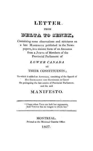Letter from Delta, [pseud.] to Senex, [pseud.], containing some observations and stricture on a late Manifesto published in the newspapers, in a sinis(...)