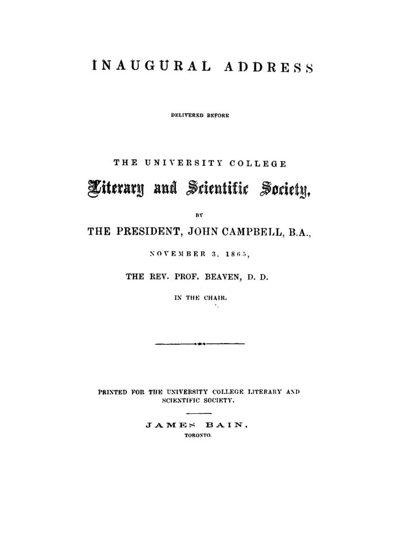 Inaugural address delivered before the University College Literary and Scientific Society