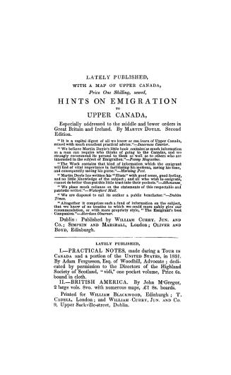 The emigrant's directory and guide to obtain lands and effect a settlement in the Canadas