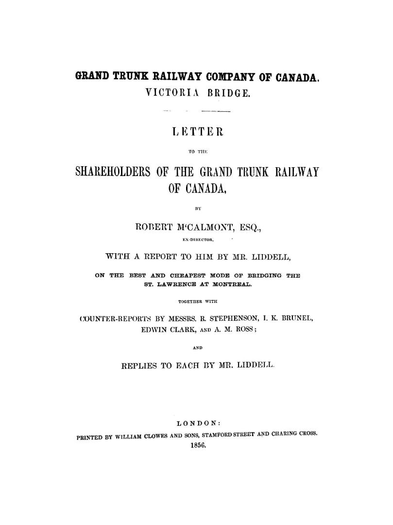Grand trunk railway company of Canada, Victoria bridge, letter to the share-holders of the Grand trunk railway of Canada