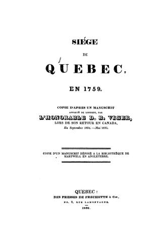 Siège de Québec en 1759, copie d'après un manuscrit apporté de Londres