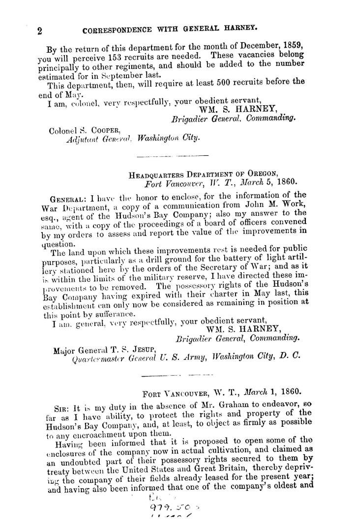 Letter of the Secretary of War, communicating copies of correspondence with General Harney, not heretofore published, in reference to his administrati(...)