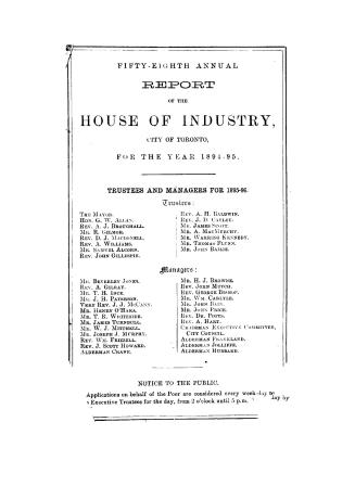 Annual report of the House of Industry, city of Toronto, for the year 1894-95.