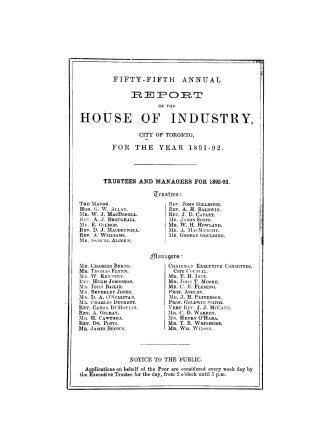Annual report of the House of Industry, city of Toronto, for the year 1891-92.