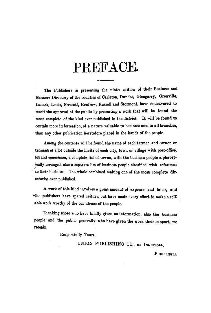Union publishing company's Farmers and business directory for the counties of Carleton, Dundas, Glengarry, Grenville, Lanark, Leeds, Prescott, Russell and Stormont