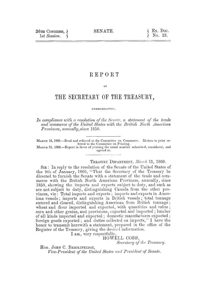 Report of the Secretary of the Treasury, communicating, in compliance with a resolution of the Senate, a statement of the trade and commerce of the Un(...)