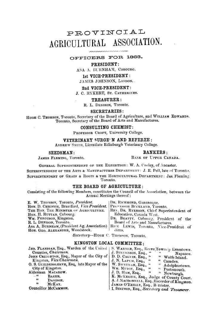 Title page lists names of officers, Board of Agriculture, Kingston local committee