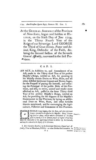 At the General Assembly of the province of Nova Scotia, begun and holden at Halifax, on the sixth day of June 1794,