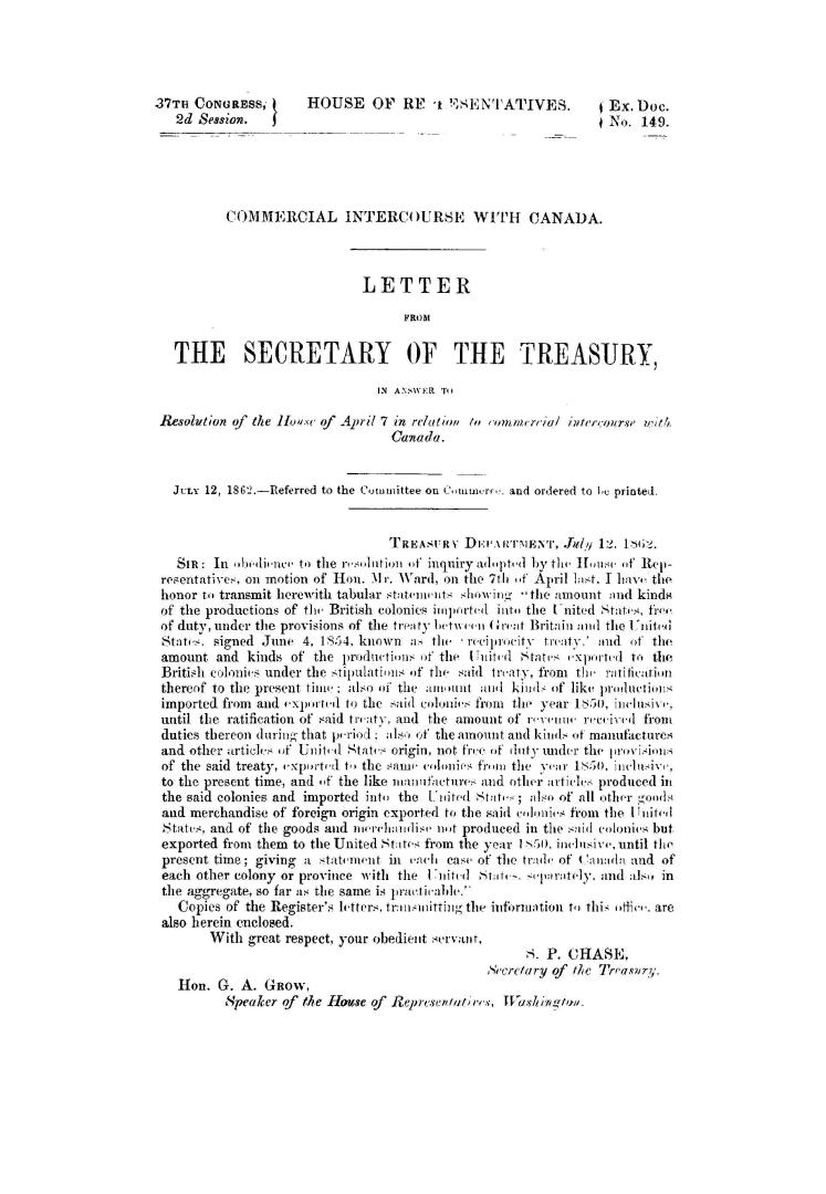 Commercial intercourse with Canada, letter from the Secretary of the treasury in answer to resolution of the House of April 7, in relation to commercial intercourse with Canada