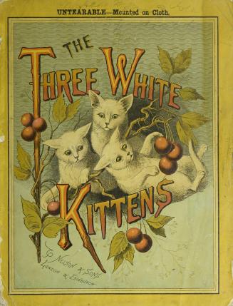 Book cover: Three white illustrated kittens playing together amongst leaves and cherries.