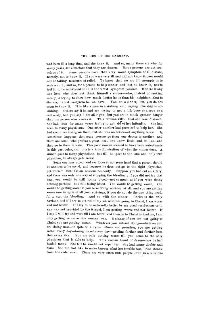 ''The hem of his garment.'' : A sermon, preached in Richmond Street Wesleyan Church, Toronto, on Thursday evening, Sept. 26, 1867