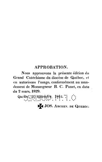 Le grand catechisme à l'usage du diocèse de Québec, imprimé par l'ordre de Monseigneur Bernard Claude Panet, Évêque de Québec