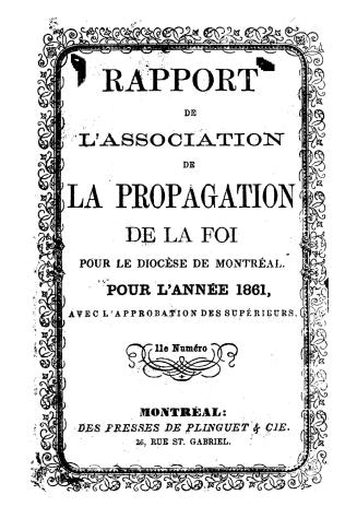 Rapport de l'Association de la propagation de la foi pour le district de Montréal