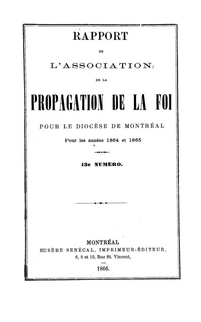 Rapport de l'Association de la propagation de la foi pour le district de Montréal