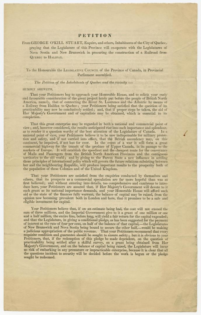 Petition from George O'Kill Stuart, Esquire, and others, inhabitants of the city of Quebec, praying that the Legislature of this province (...)