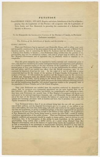 Petition from George O'Kill Stuart, Esquire, and others, inhabitants of the city of Quebec, praying that the Legislature of this province (...)