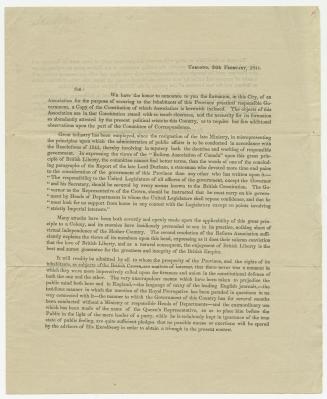 [Letter] : We have the honor to announce to you the formation, in this city, of an association for the purpose of securing to the inhabitants of this province practical responsible government
