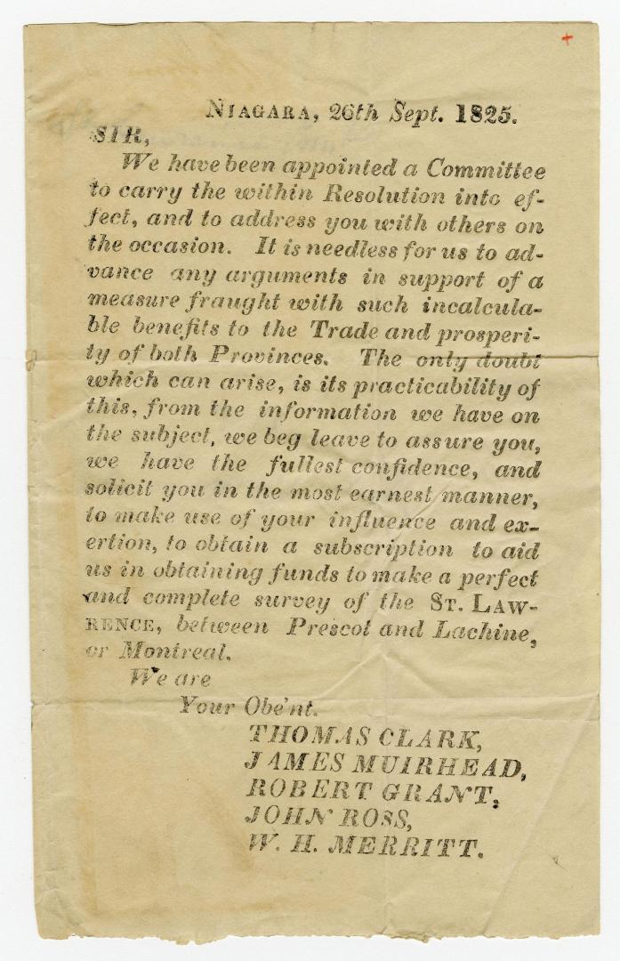 Niagara, 26th Sept. 1825. Sir, We have been appointed a committee to carry the within resolution into effect ...
