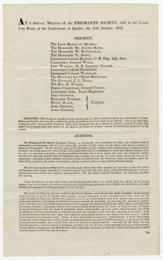 At a special meeting of the Emigrants' Society, held in the grand jury room of the court-house at Quebec, the 11th October, 1819