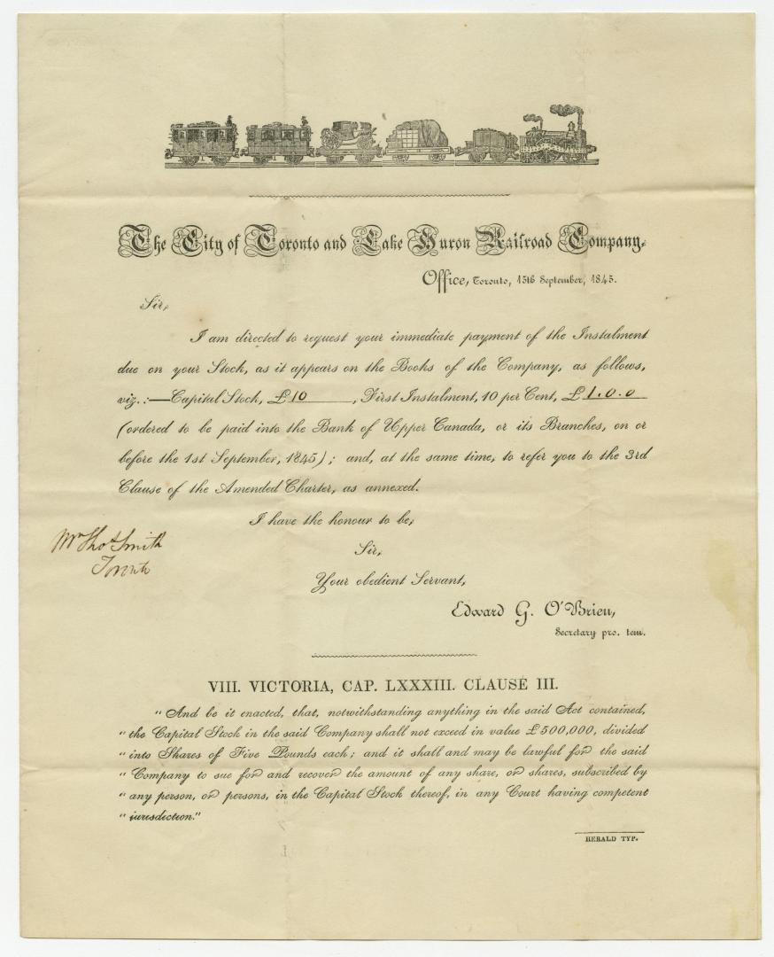 [Letter] The City of Toronto and Lake Huron Railroad Company : Sir, I am directed to request your immediate payment of the instalment due on your stock
