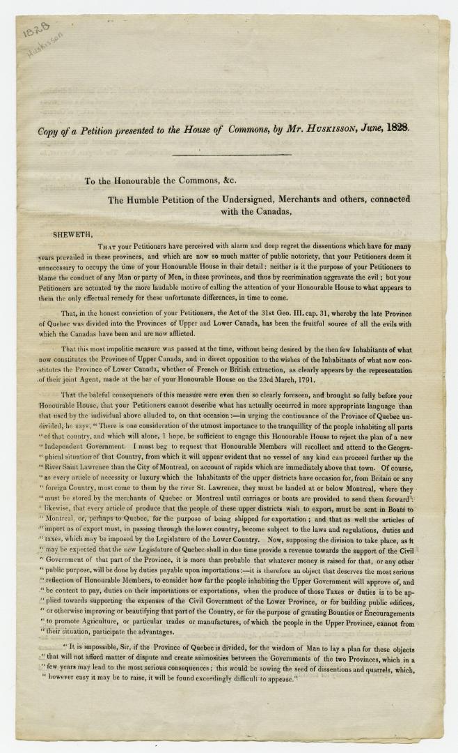 Copy of a petition presented to the House of Commons, by Mr