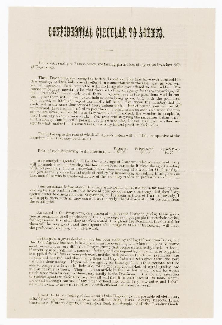 Confidential circular to agents : I herewith send you prospectuses, containing particulars of my great premium sale of engravings