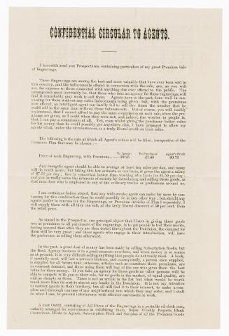 Confidential circular to agents : I herewith send you prospectuses, containing particulars of my great premium sale of engravings