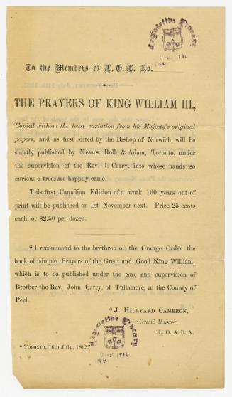 To the members of L.O.L. no. [ ] : The Prayers of King William III, copied without the least variation from his Majesty's original papers ...