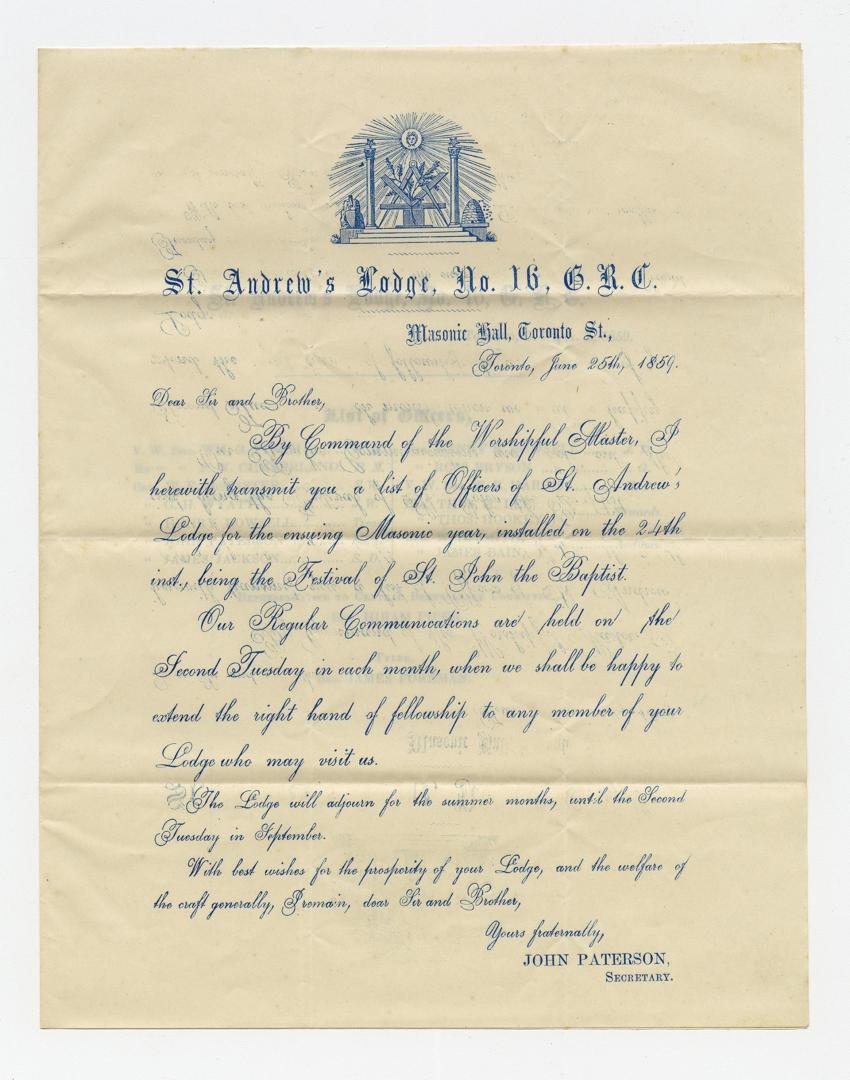 [Letter] St. Andrew's Lodge, no. 16, G.R.C., Masonic Hall, Toronto St., Toronto, June 25th, 1859