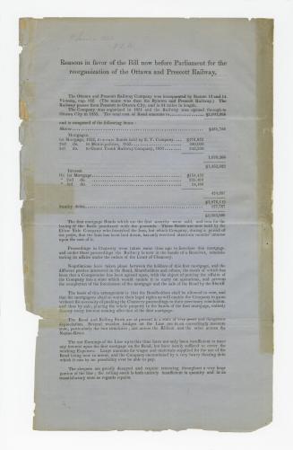 Reasons in favour of the bill now before Parliament for the reorganization of the Ottawa and Prescott Railway